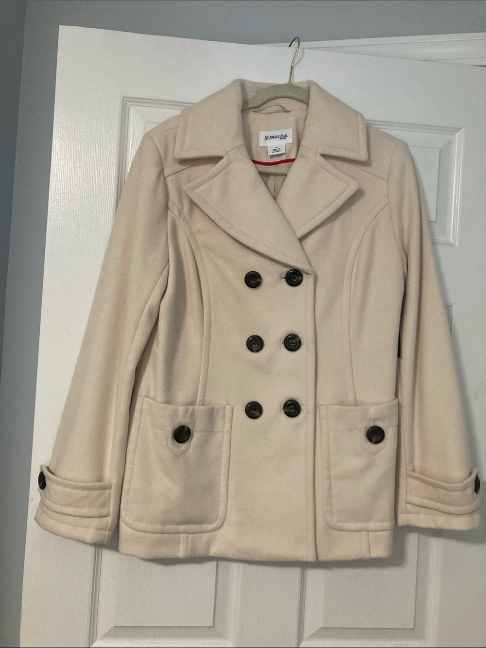 St, John’s Bay Ivory Double-Breasted Peacoat with Black Buttons